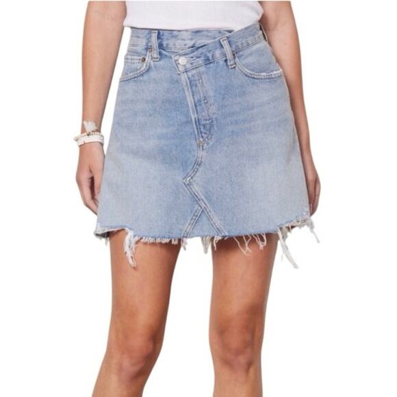 AGOLDE Criss Cross Organic Cotton Distressed Denim Mini Skirt Size 28 - Picture 1 of 10
